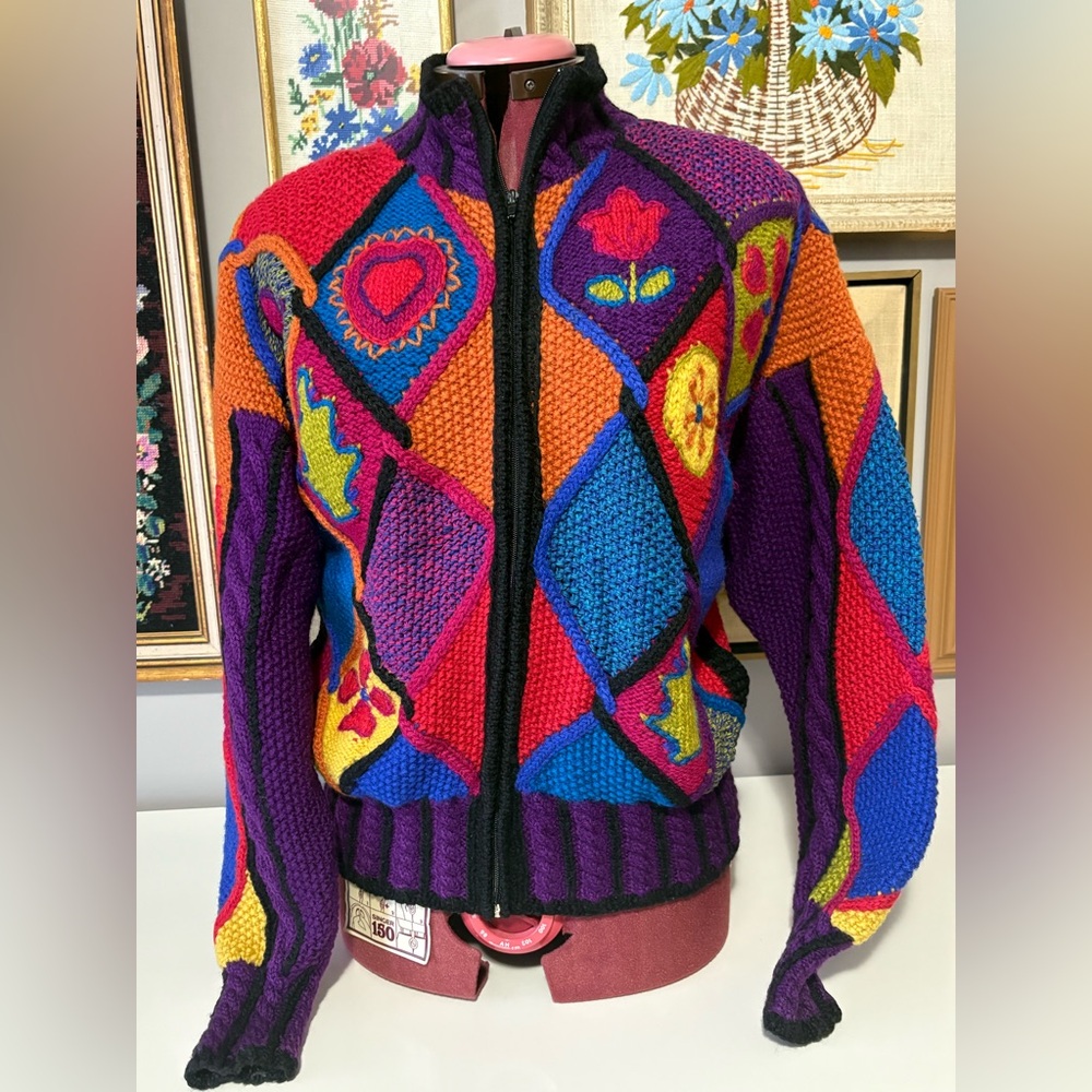 August Silk Knits. Colourful Patchwork Sweater.